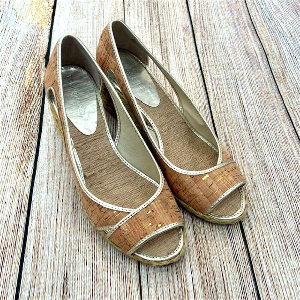 Donald‎ J Pliner Coraa Women's Size 9.5 Tan Cork Wedge Peep Toe Espadrille Heels